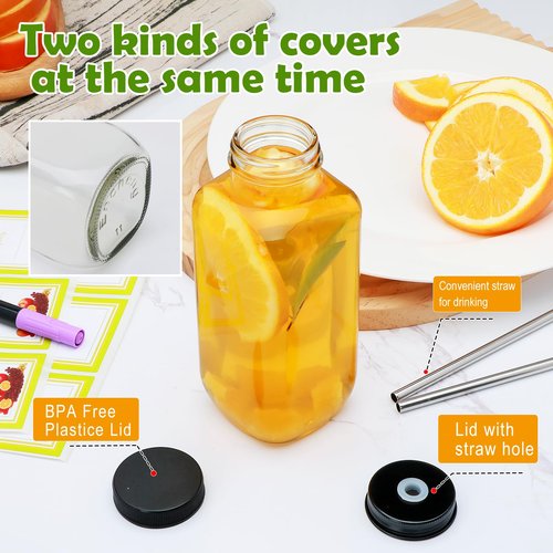 Maredash 12oz Glass Bottles with lids,juice bottles gifts for women,glass bottles with lids,glass water bottles. Kit includes Stainless Steels Straws,Two Types of Lid,Cleaning Brush 6pcs