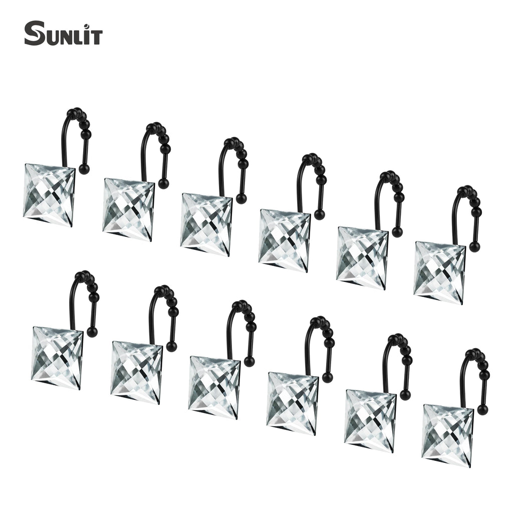 Sunlit Luxury Design Square Clear Diamond Crystal Gem Bling with Glide Balls Shower Curtain Hooks, Rust Proof Metal Rhinestones Glam Shower Curtain Rings with Black Hooks, Set of 12