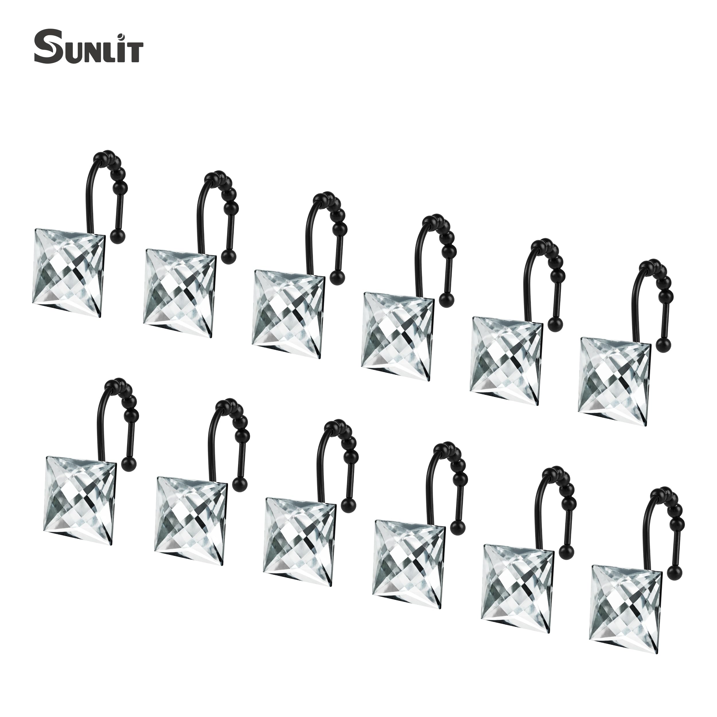 Sunlit Luxury Design Square Clear Diamond Crystal Gem Bling with Glide Balls Shower Curtain Hooks, Rust Proof Metal Rhinestones Glam Shower Curtain Rings with Black Hooks, Set of 12
