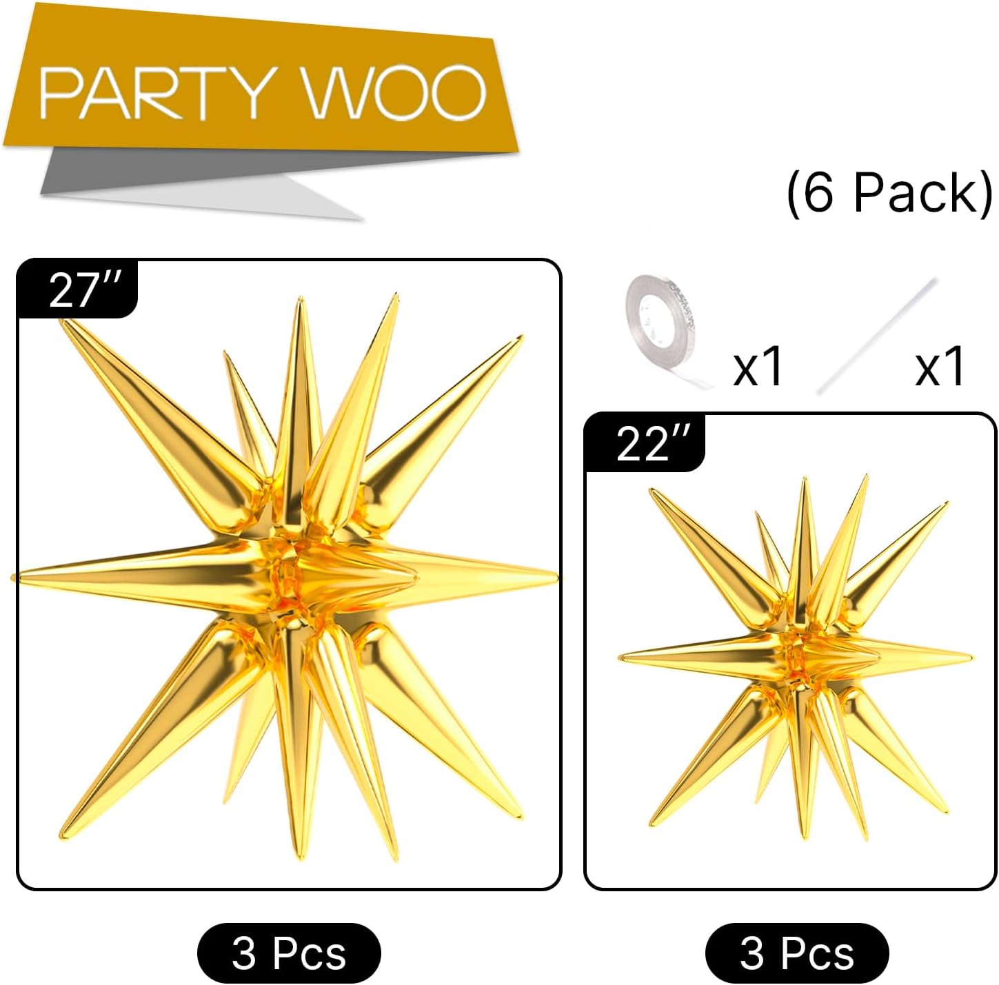 PartyWoo Metallic Gold Star Foil Balloons - 6 Different Sizes | 22-Inch Mylar Pack for Celebrations