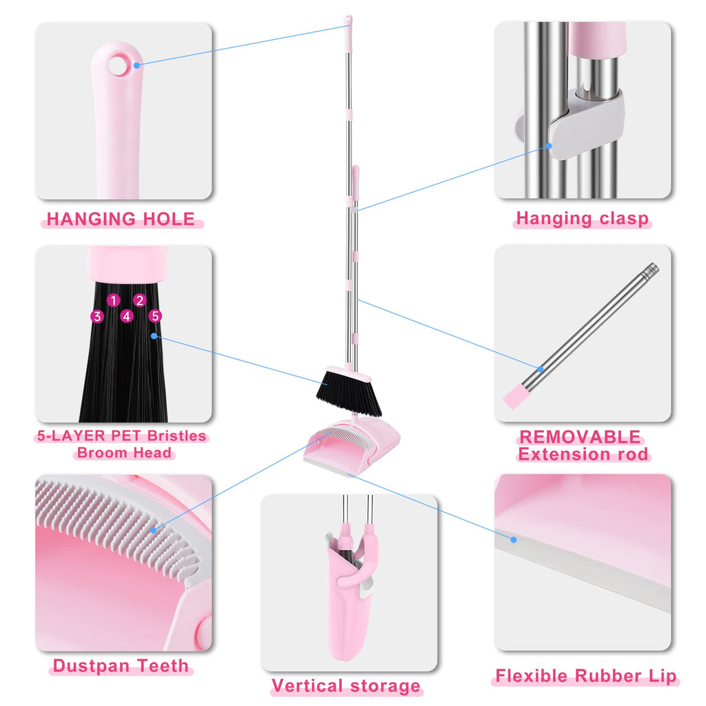 Pink Broom and Dustpan Set for Home, 52-in Long Handle Broom with Dustpan Combo with Dustpan Teeth Easy to Scrape Off Pet Hair, Indoor&Outdoor Sweeping（Pink）