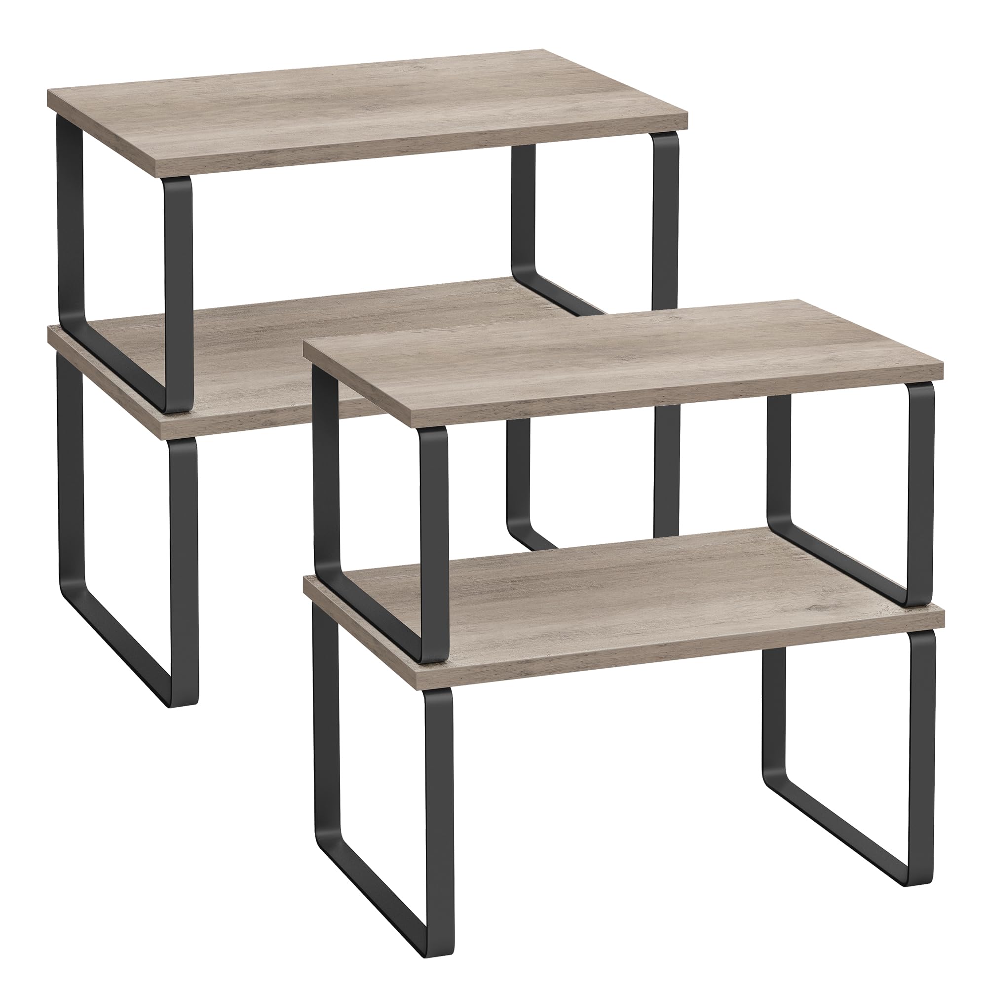 SONGMICS Cabinet Organizer Shelf, Set of 4 Kitchen Counter Shelves, Kitchen Storage, Spice Rack, Stackable, Expandable, Metal and Engineered Wood, Ink Black and Heather Greige UKCS021X02