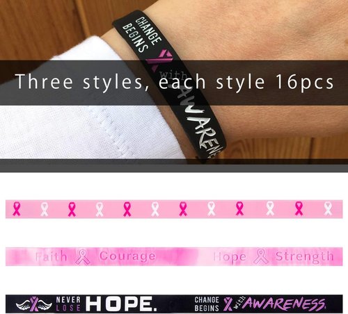Biubee Breast Cancer Awareness Bracelets - 48 Pink Ribbon Silicone Wristbands for Women Survivor Gifts