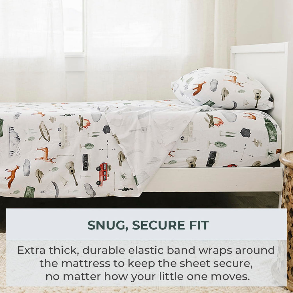 Pobibaby Premium Twin Full Sheets Sets, Kids Double Bed Sheets in Cotton Blend | Ultra-Soft Woodland Camping Print with Fitted Sheet, Flat Sheet & Pillowcases (Twin Explore)