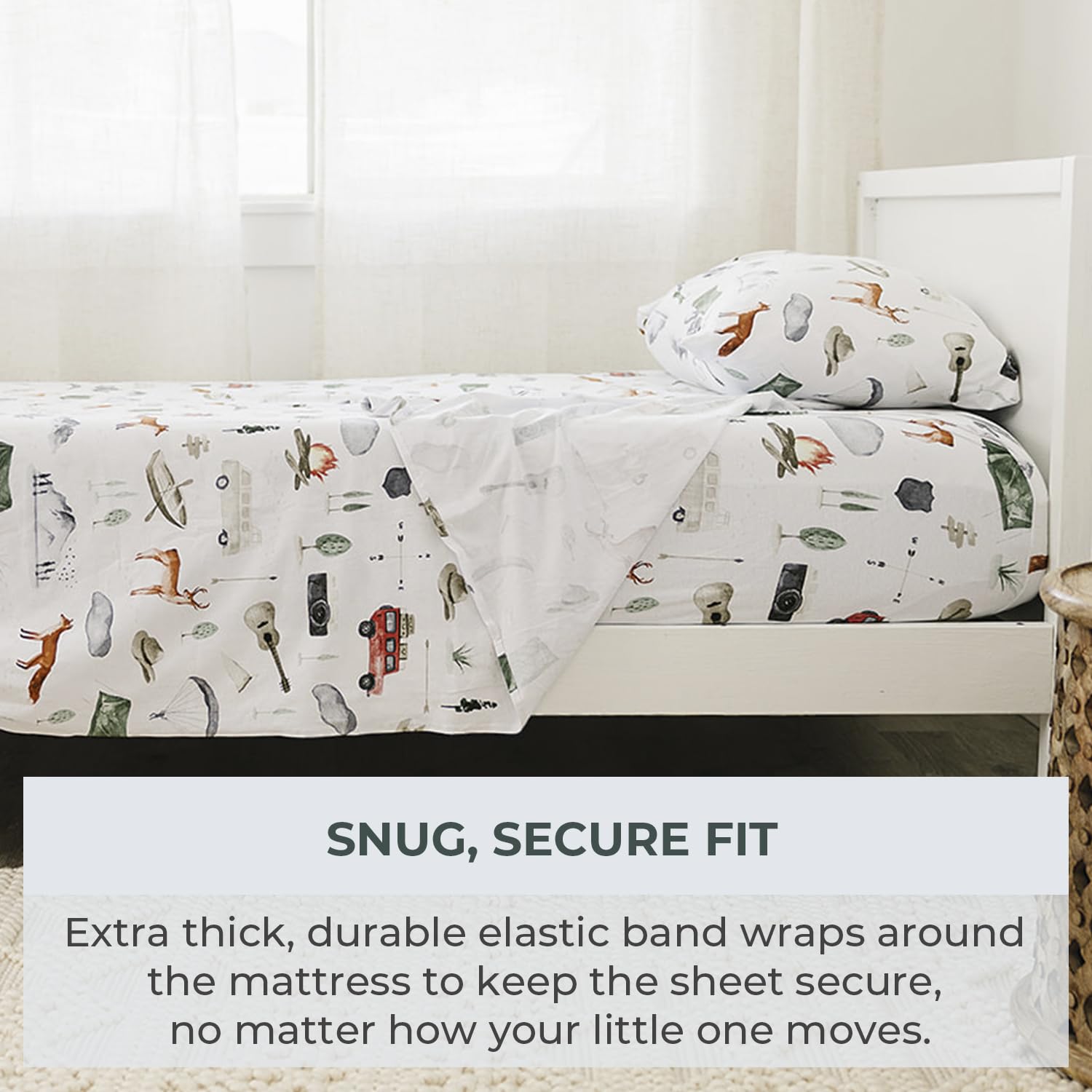 Pobibaby Premium Twin Full Sheets Sets, Kids Double Bed Sheets in Cotton Blend | Ultra-Soft Woodland Camping Print with Fitted Sheet, Flat Sheet & Pillowcases (Twin Explore)