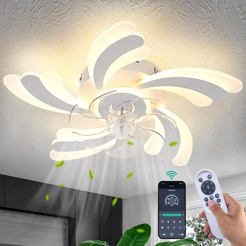 Yfrest Modern Ceiling Fan with Light and Remote, Low Profile 26 Inch Flush Mount Fandelier for Kitchen Bedroom