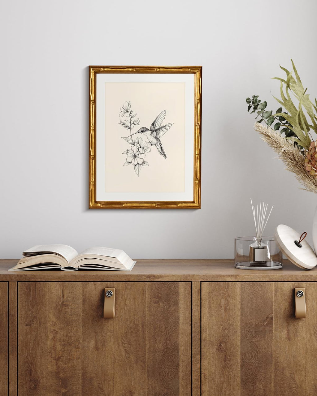 Skiennix Hummingbird Wall Art - Classic Black & White Botanical Illustration | 11x14 Framed Canvas Print