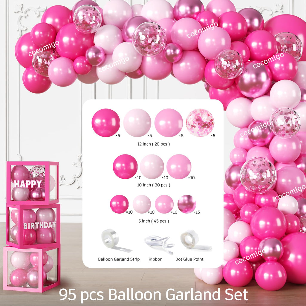 276PCS Hot Pink Birthday decorations Tableware Set Serve 20 Guests, Glitter Happy Birthday Banners, Hanging Swirls, Backdrops, Foil Balloons, Tableware Set, Photo Props for Girls