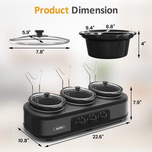 SUNVIVIPRO Triple Slow Cooker, Buffet Food Warmer with 3 * 1.5 Quarts Removable Ceramic Pots, Buffet Servers and Warmers with Glass Lids and 3 Spoons, Stainless Steel,Grey