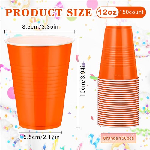 150 Pcs Orange 12oz Plastic Party Cups by [Brand Name] - Disposable for Birthdays, Weddings & Celebrations