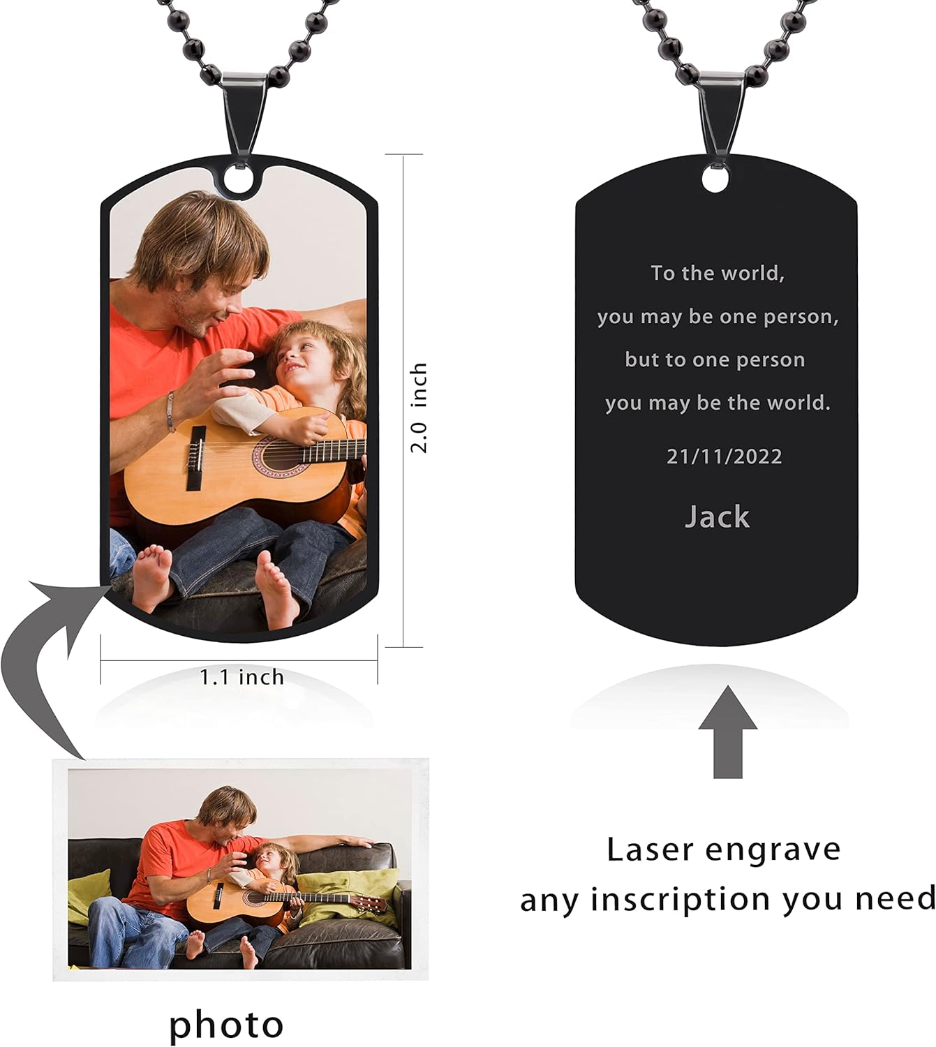 Skiennix Personalized Dog Tag Pendant - Custom Engraved Photo Necklace for Men & Women | Stainless Steel