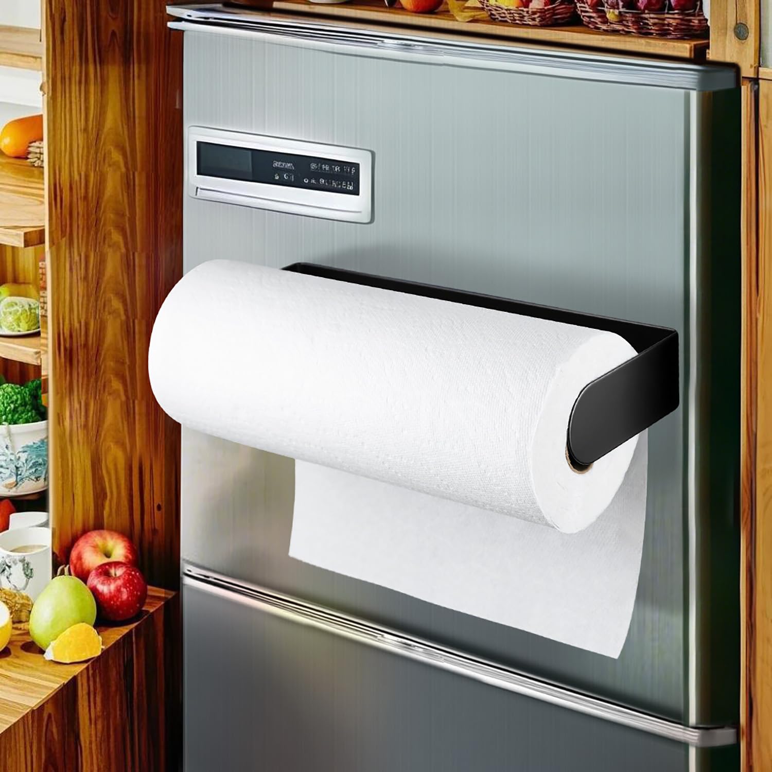 DELITON Magnetic Paper Towel Holder for Fridge - Black Paper Towel Roll Holder Under Cabinet Paper Towel Rack with Strong Magnet, Kitchen, Rv, Grill, Camping