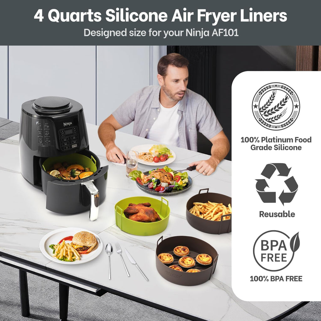 Ninja Air Fryer Silicone Liners - 4QT BPA-Free Round Reusable Basket Liners | 2 Pack with Handle