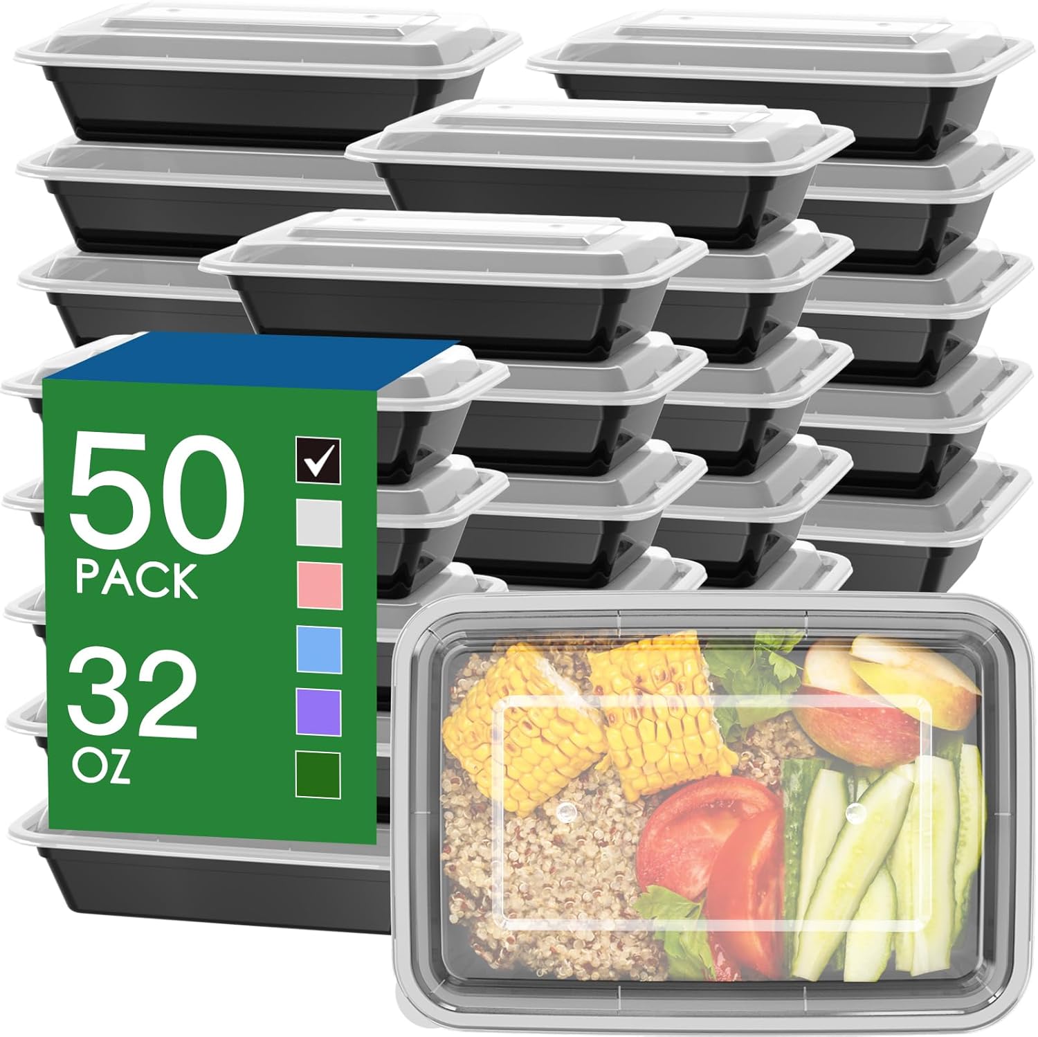 Regine Switzerland 32 oz Meal Prep Containers - 50 Pack Reusable, Leakproof, Microwave & Dishwasher Safe | Black