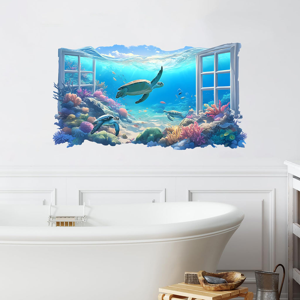 RoyoLam Underwater Scene Sea Turtle Fishes Wall Stickers 3D Fake Window Wall Decals for Kid Removable Peel and Stick Wall Art Home Decor Decoration for Classroom Preschool Living Room Bedroom Bathroom