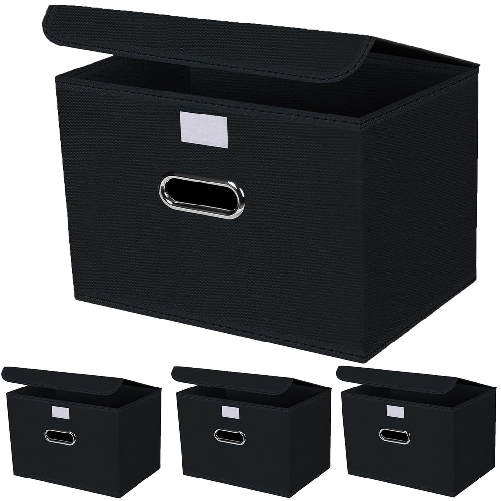 SEVENDOME 4-Pack Large Collapsible Storage Bins with Lids,Fabric Storage Cubes Organizer for Shelves,Closet,Nursery,Foldable Cube Storage Baskets with Handles,Home Boxes (14.9"x9.8",Black)
