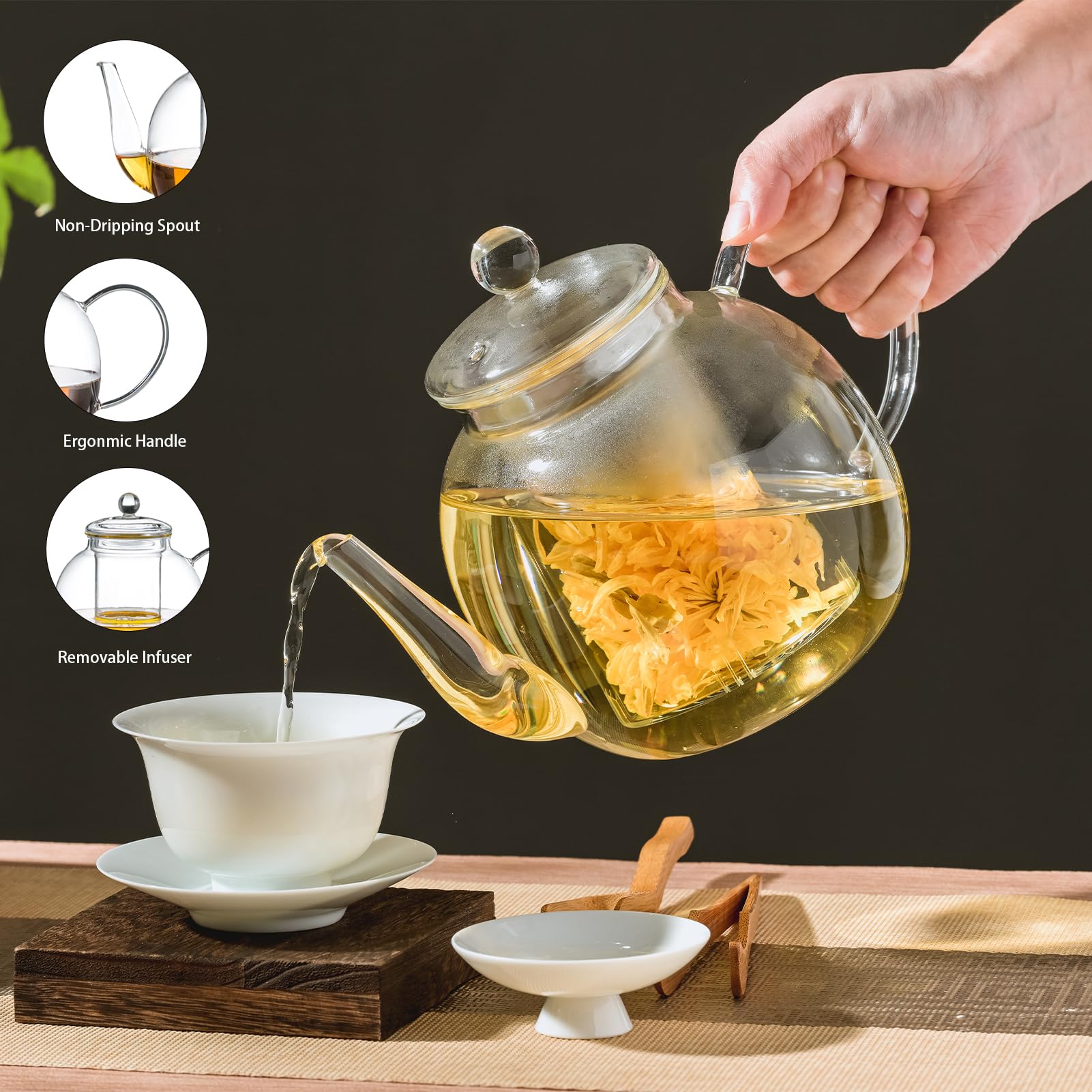 Wlasss 1530 ml/52 oz Large Glass Teapot with Removable Infuser, Clear Tea Kettle Stovetop Safe for Loose Leaf and Blooming Tea, Tea Lover's Choice,Gifts for Christmas