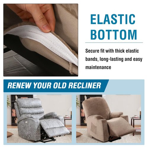 H.VERSAILTEX Rich Velvet Stretch Recliner Slipcovers 1 Piece Electric Power Lift Recliner Chair Cover Fitted Standard Large Power Lift Recliner with Side Pocket, Soft and Thick (Single Seat, Taupe)