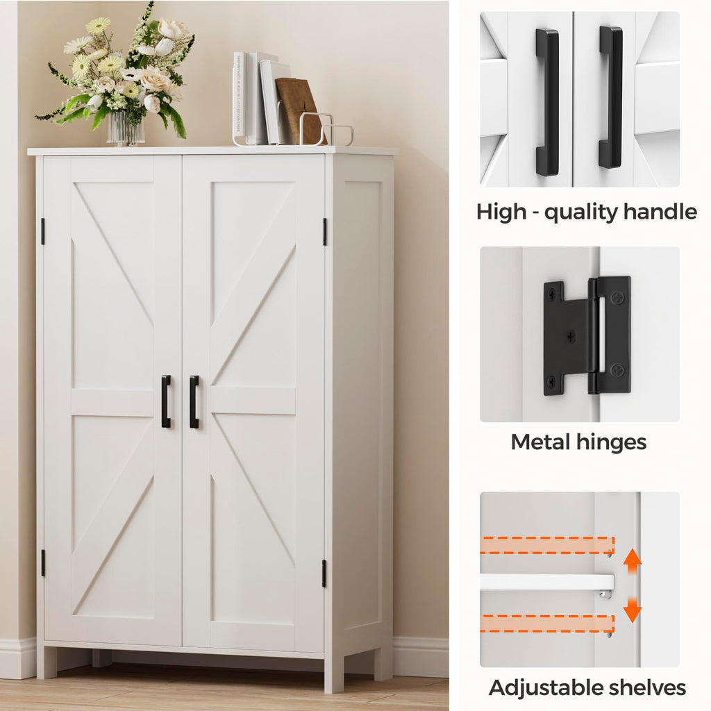 Homleke Farmhouse Bathroom Cabinet with Adjustable Shelves, Free-Standing Storage Cabinet with Barn Doors, for Kitchen, Living Room, Dining Room, Entryway, White