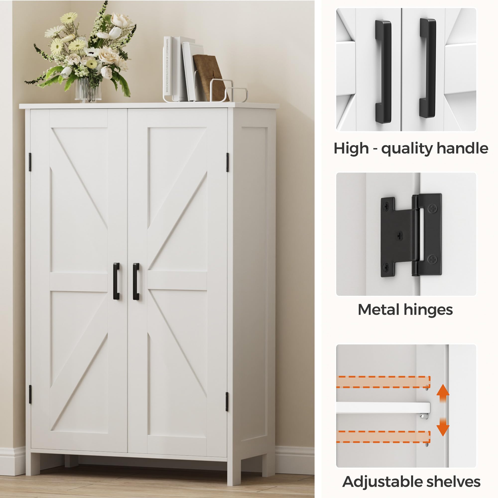 Homleke Farmhouse Bathroom Cabinet with Adjustable Shelves, Free-Standing Storage Cabinet with Barn Doors, for Kitchen, Living Room, Dining Room, Entryway, White
