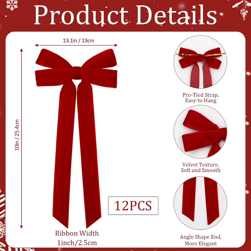 Regine Switzerland 12Pcs Red Velvet Ribbon Bows - 5in X 10in Christmas Tree & Wreath Decorations | Rustic Holiday Decor