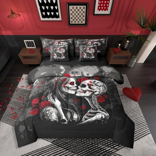 Erosebridal Valentine Gothic Skull Couple Queen Comforter Set with Sheets 7 Piece Red Rose Valentine Day Skeleton Bones Bed in A Bag Sugar Skull Bedding Sets for Kids Adults,Goth Halloween Bed Set