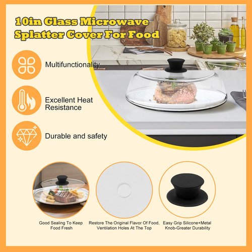 10in Glass Microwave Splatter Cover for Food with Silicone Mat, 10in Glass Microwave Plate Lid with Vent Holes & Easy-Grip Handle, Dishwasher Safe, No Plastic, Food Grade
