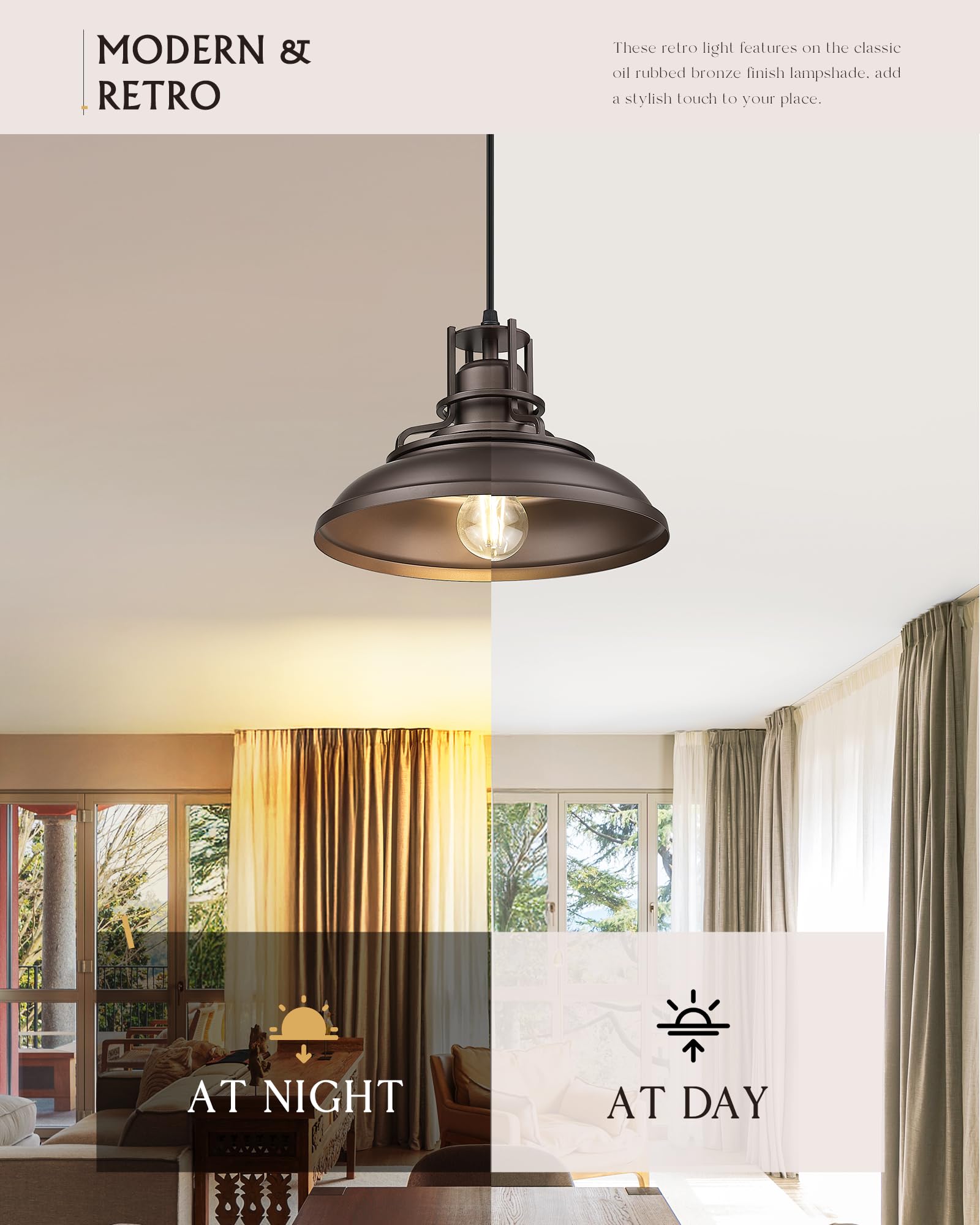 FEMILA Farmhouse Pendant Light,12" Barn Vintage Hanging Light Fixture for Kitchen Island, Adjustable Height,Oil Rubbed Bronze Finish, 4FY15-MP ORB