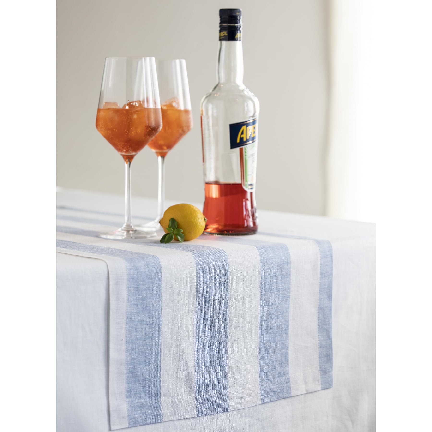 Solino Home Linen Table Runner 108 Inches Long - Cabana Stripe, 100% Pure Linen Sky Blue and White Table Runner 14 x 108 Inch for Dining, Spring, Summer, Mothers Day