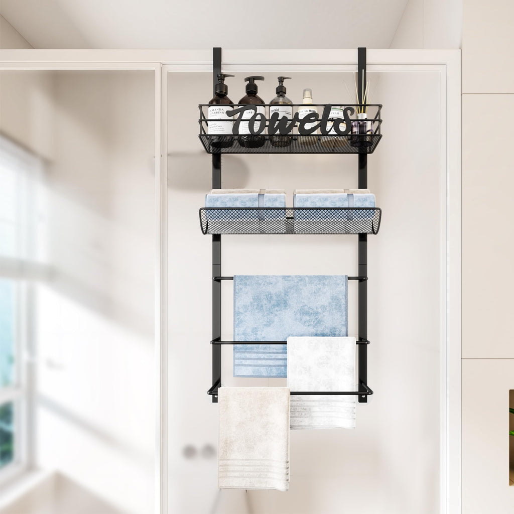 SWTYMIKI Over The Door Towel Racks for Bathroom - 5-Tier Wall Mounted Bathroom Towel Storage Organizer Holder with Metal Shelf, Black