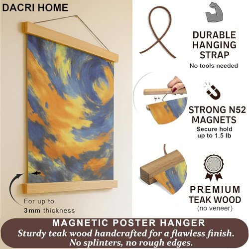 DACRI HOME Magnetic Poster Hanger Frame - Sturdy Teak Wood Design for 24x18, 24x30, 24x36 Prints | Strong Magnets for Easy Wall Art Display