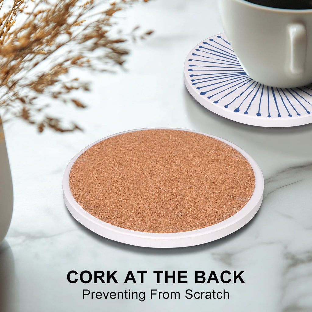 Dksyee Absorbent Coasters Set of 6 Round Ceramic Coasters for Drinks Modern Blue Boho Coaster with Holder for Coffee Table Decor, Outdoor, Desk