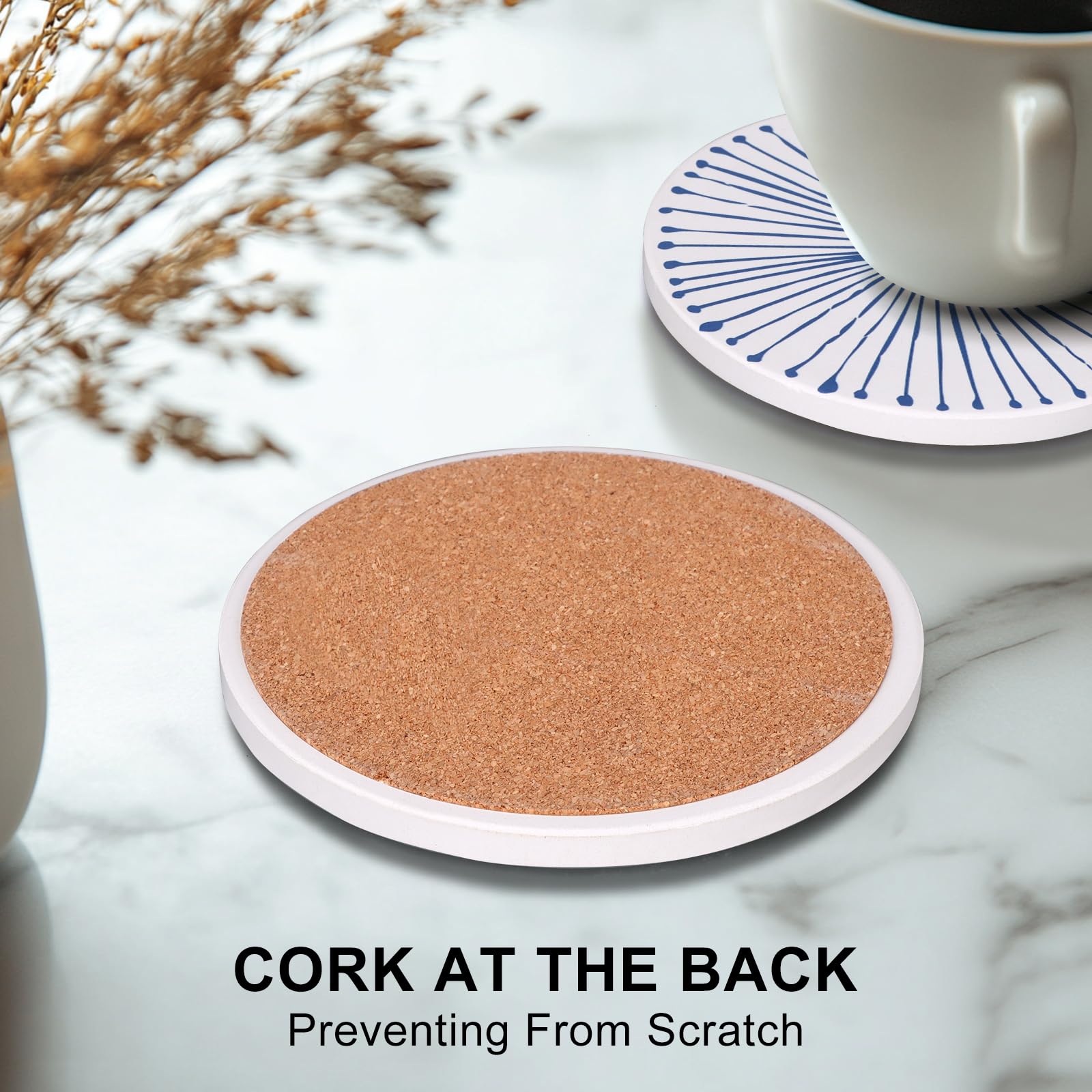 Dksyee Absorbent Coasters Set of 6 Round Ceramic Coasters for Drinks Modern Blue Boho Coaster with Holder for Coffee Table Decor, Outdoor, Desk