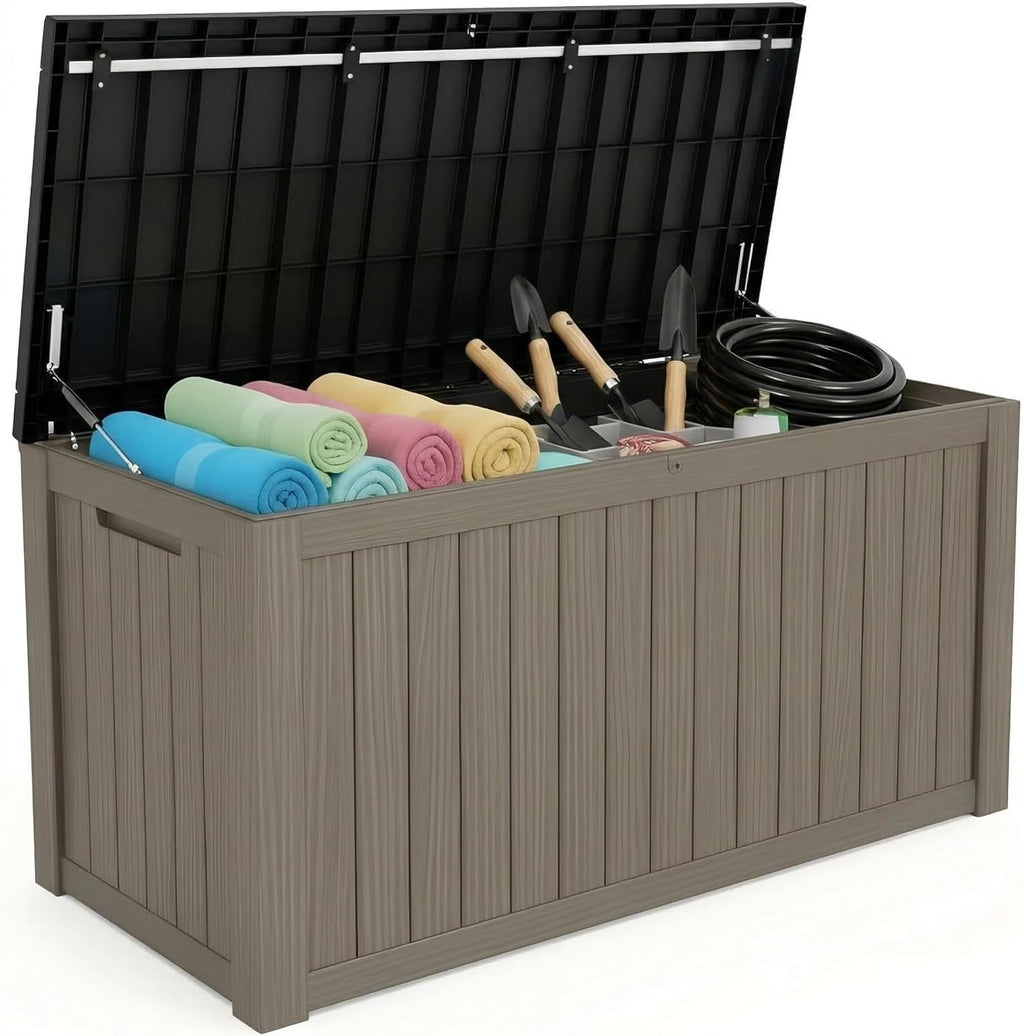 180 Gallon Resin Deck Box - Lockable Waterproof Storage for Patio Furniture & Garden Tools | All-Weather Wood Grain Design