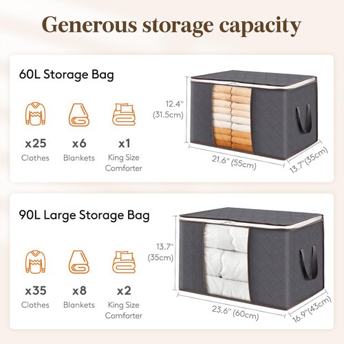 Lifewit Large Capacity Clothes Storage Bag - Reinforced Handle & Clear Window | 90L, Grey, 12 Pack
