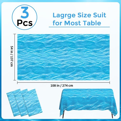 Hisxierng 3 Pcs Ocean Waves Tablecloth Plastic 54 x 108 Inch Ocean Water Table Cover Blue Under The Sea Pool Beach Birthday Party Decorations Shower Supplies Beach Backdrop Ocean Decor