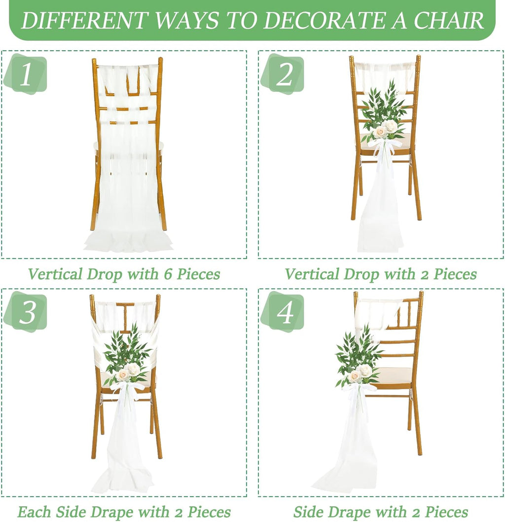 VitalCozy Wedding Aisle Chair Decorations - 12 Sets of White Sashes with Artificial Ruscus & Chiffon for Ceremonies