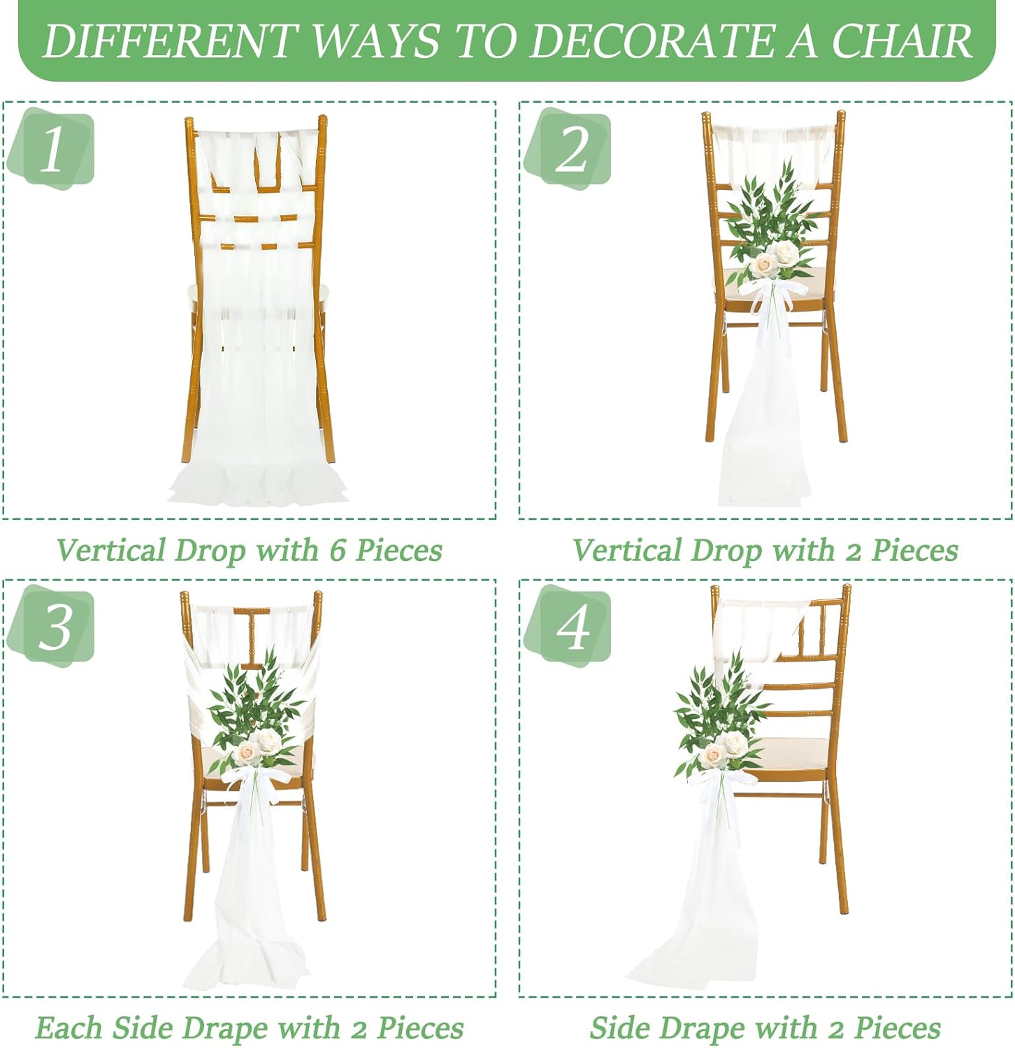 VitalCozy Wedding Aisle Chair Decorations - 12 Sets of White Sashes with Artificial Ruscus & Chiffon for Ceremonies