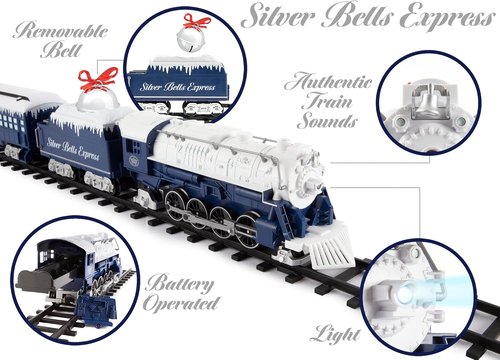 Lionel Battery-Operated Silver Bells Express Toy Train Set - Locomotive, Cars, Track & Remote with Sounds & Lights for Kids 4+