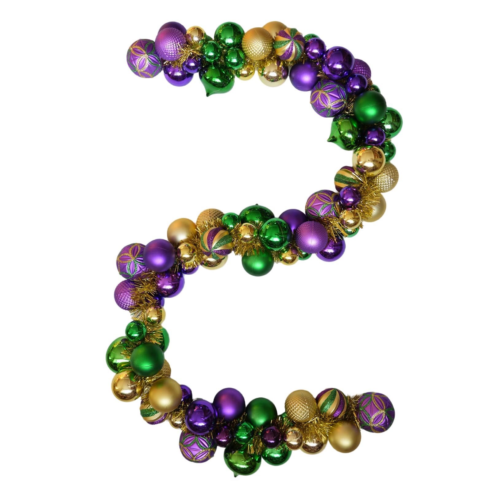 6 Ft Mardi Gras Garland with Purple Green Gold Glitter Balls, Carnival Bead Decor for Front Door, Mantel, Wall and Fireplace, Festive Fat Tuesday Indoor Outdoor Party Supplies