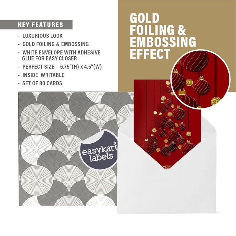 Dark Red Christmas Cards Set 80 with Gold Foil & Embossing, 6.75 x 4.5 Inl Envelopes & Seal Stickers (5 Pack) – Variation: Dark Red+80 Cards