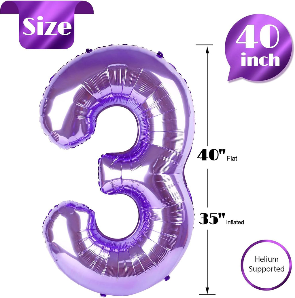 Purple Number 3 Balloon - 40 Inch 3rd Birthday Celebration Decor for Kids & Adults