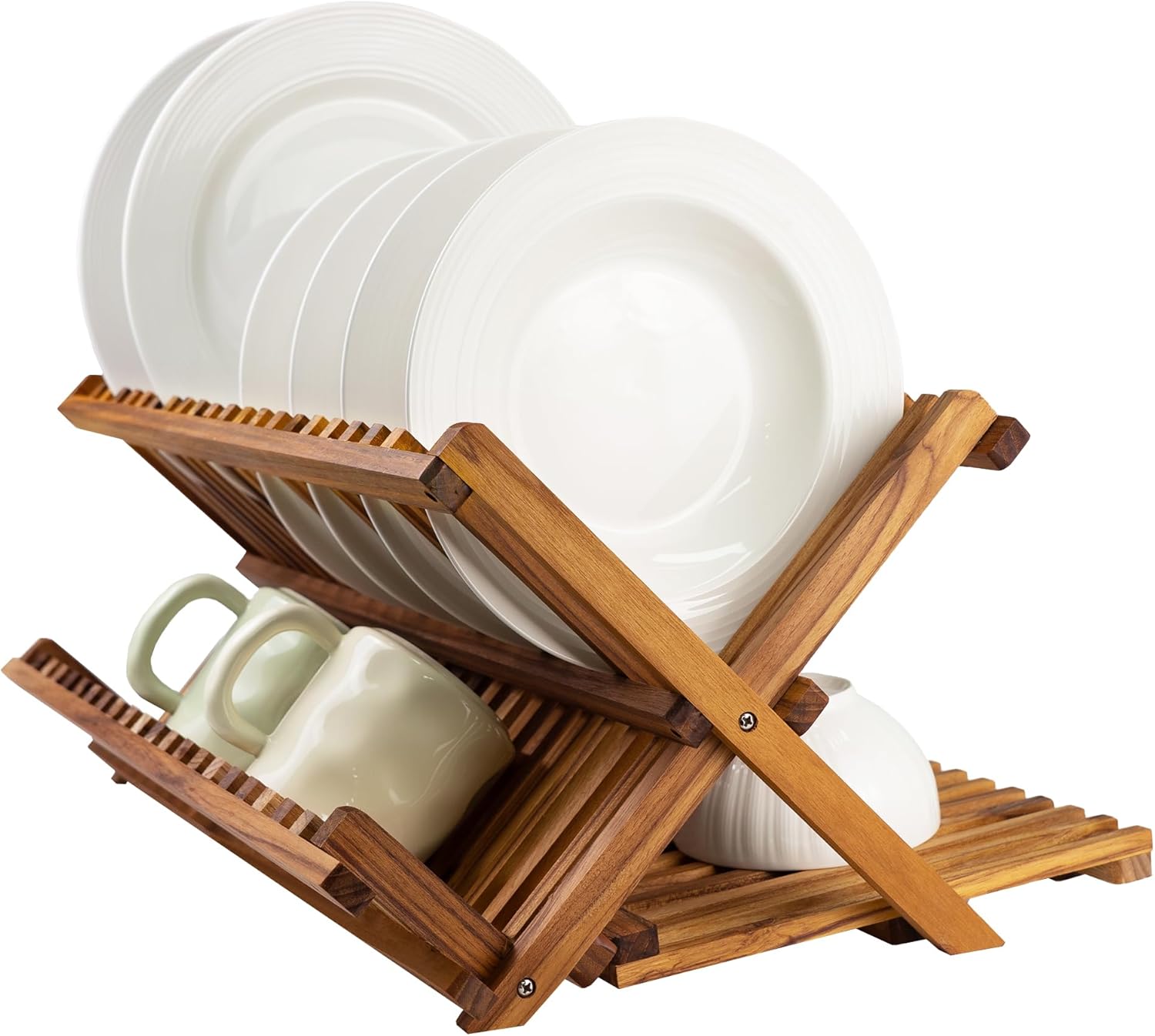 Utoplike Large Teak Dish Drying Rack - 3-Tier Collapsible Wooden Kitchen Organizer for Plates & Cups