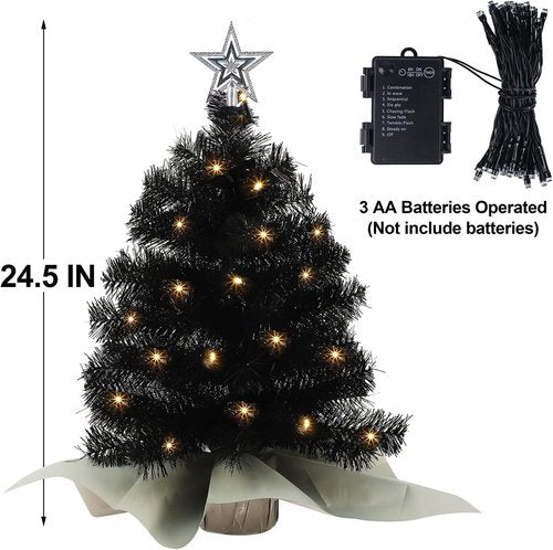 Juegoal 24-Inch Black Mini Christmas Tree - Lighted Tabletop Artificial Pine with 50 LED Lights