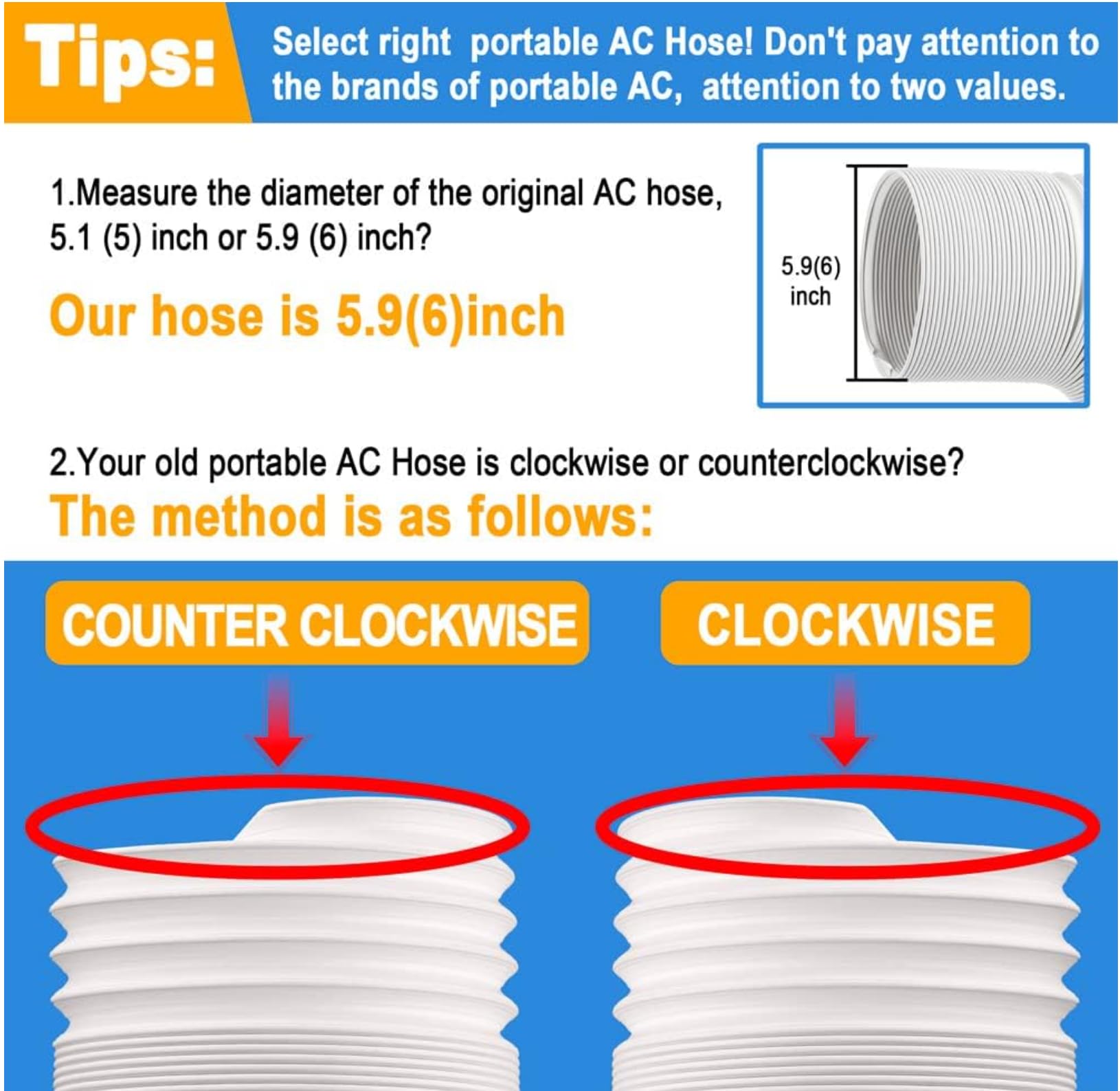 Aukney Portable AC Window Vent Kit, Adjustable Vertical/Horizontal Sliding Window Kit Plate for AC Unit, Seamless Portable AC Window Seal with 5.9 Inch Diameter, 59 Inch Length Exhaust Hose