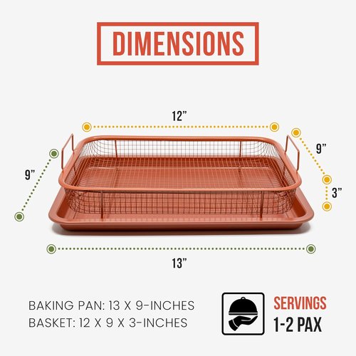 Chef Pomodoro Air Fryer Tray - Copper Crisper & Baking Pan Set for Toaster Oven | 2-Piece Rectangle