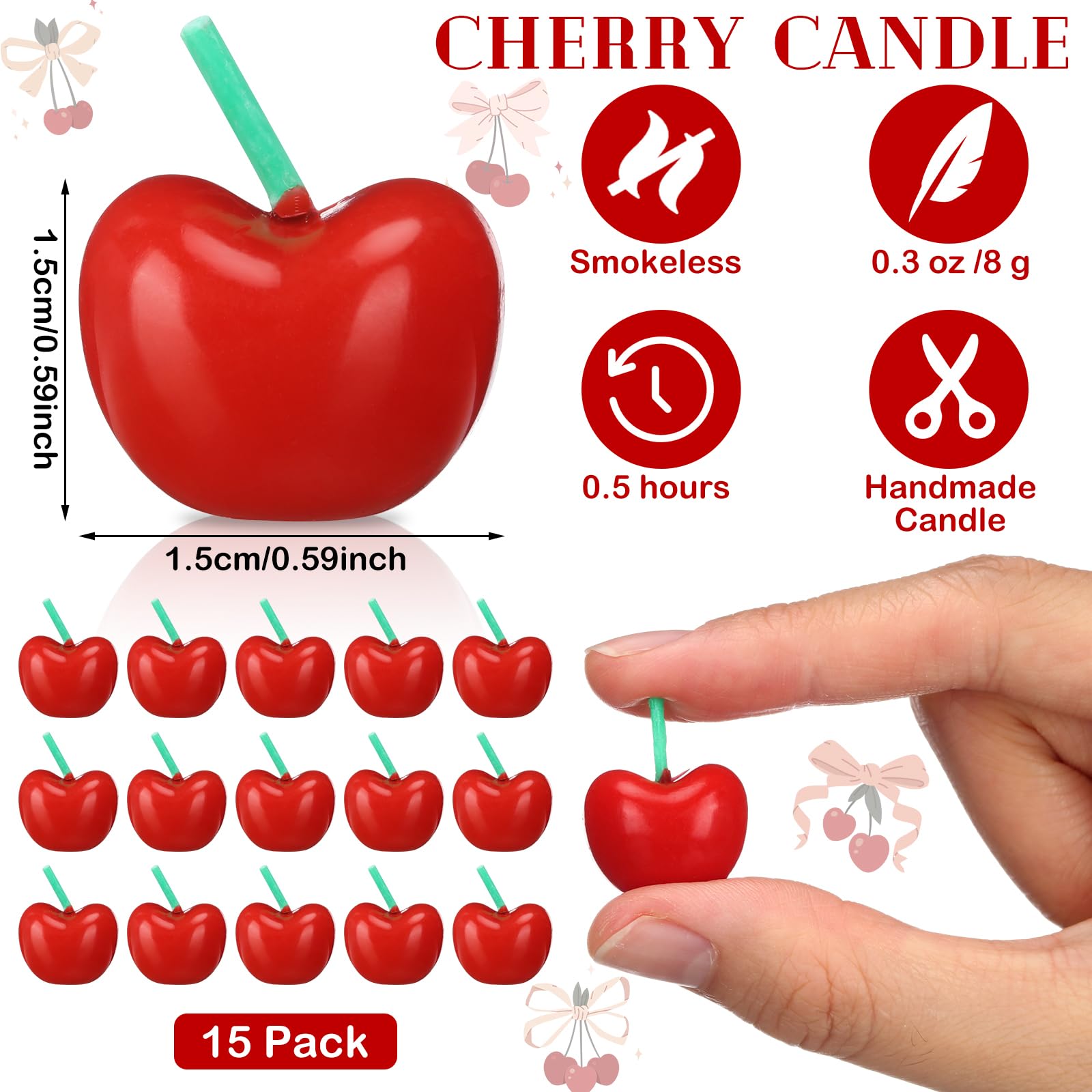Conelist 15 Pcs Cherry Shaped Birthday Candles Cute Fruit Shaped Candles Mini Cherry Party Favors Decorative Cake Decorations Soy Wax Cupcake Toppers for Wedding Table Gift(Red)