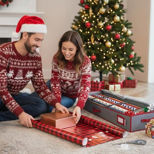 HOLDN' STORAGE Wrapping Paper Storage Container - Durable 600D Tear-Proof Design, Fits 27 Rolls, Extra Pockets for Ribbons & Bows, Underbed Storage - Ideal for Holiday Christmas, Grey/Red Trim
