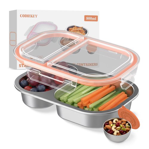 CODIEKEY Snackle Box Container,Dishwasher,Reusable Snack Containers With Lids,2 Compartment Stainless Steel Snack Containers,Fruits, Snacks,Nuts,Salad,travel,800ML,White&Orange,1 Pack