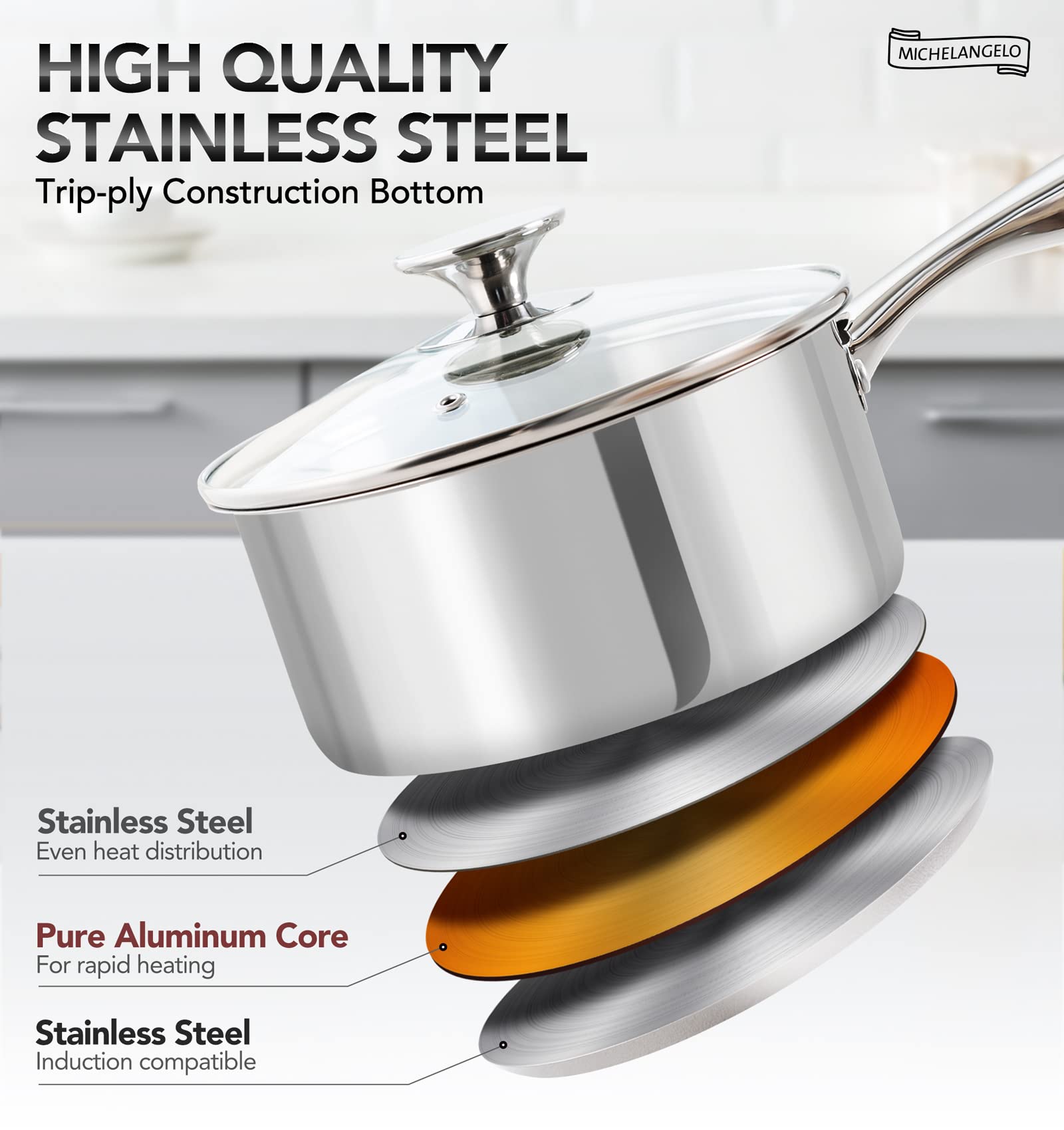 MICHELANGELO 4 Quart Saucepan with Lid, Thick Bottom Stainless Steel Saucepan with Cover, 4 QT Sauce Pot, Induction Ready & Dishwasher Safe